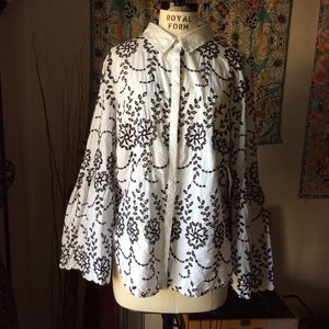 B/W Eyelet button-up bell sleeve blouse